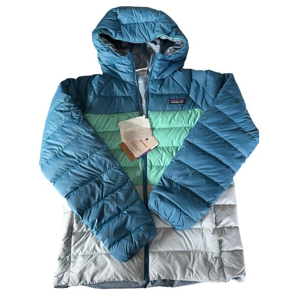 NEW Patagonia blue green grey reversible down sweater hoody jacket size 14 - Picture 1 of 5